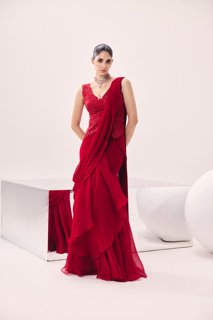 Vasudha Red Pre Drape Saree Set