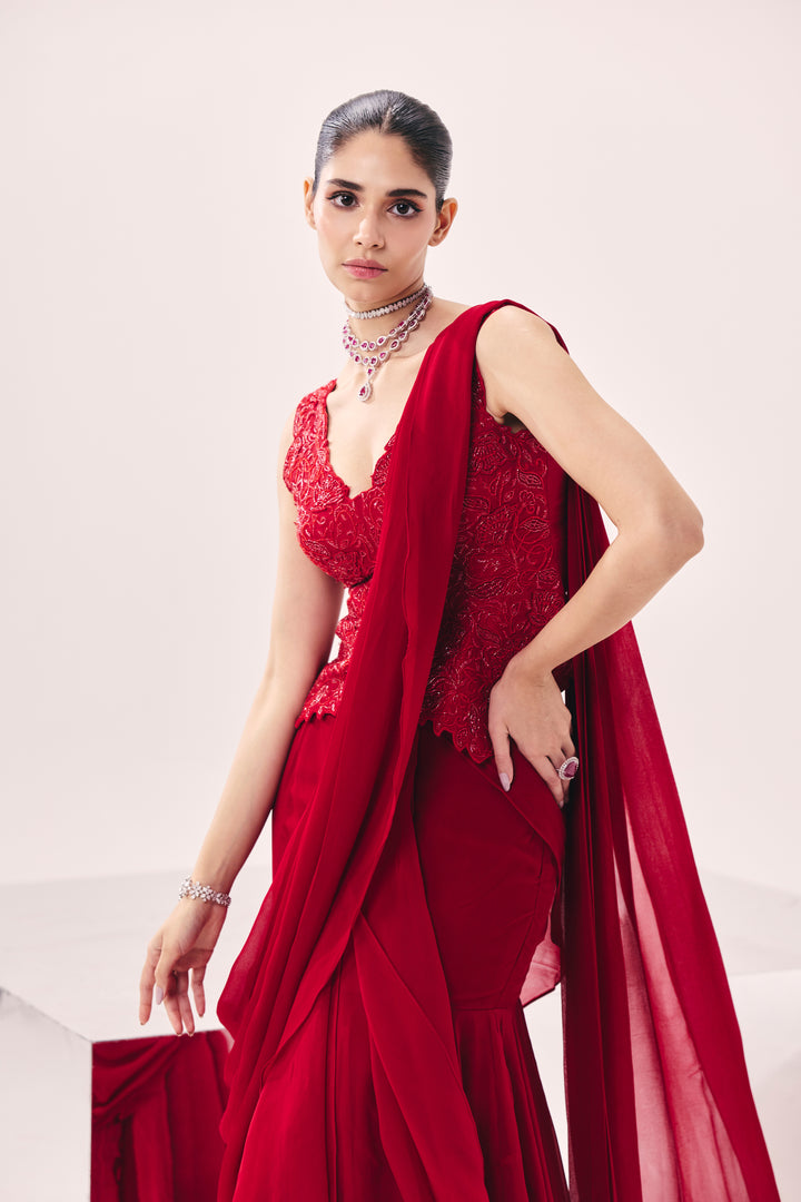 Vasudha Red Pre Drape Saree Set