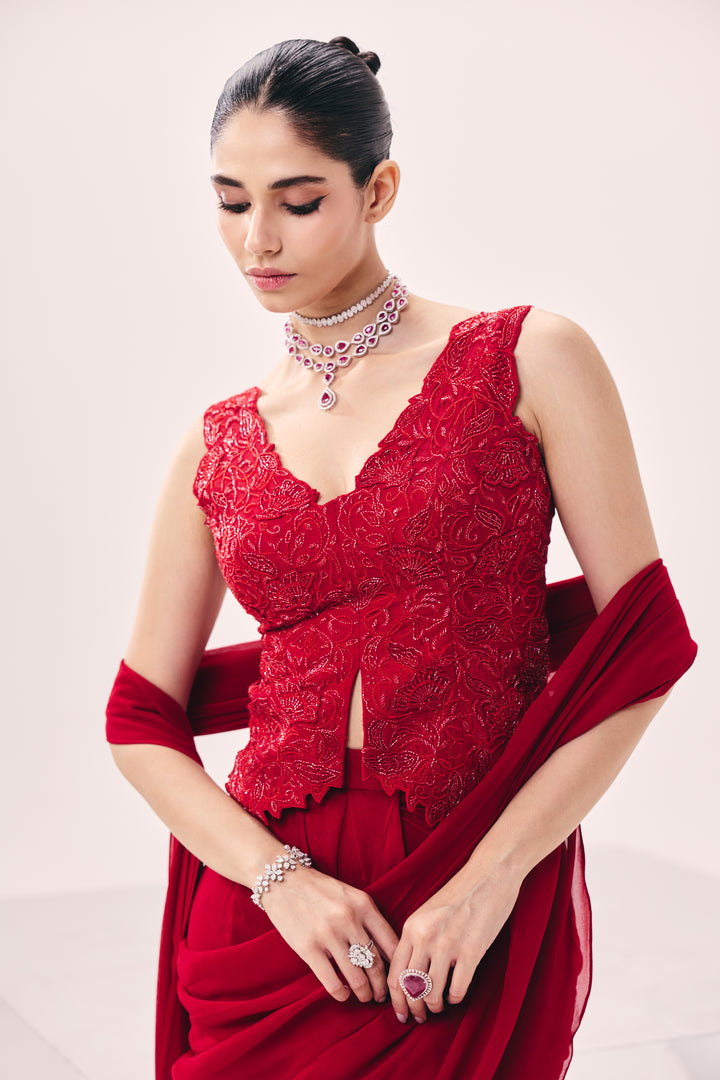 Vasudha Red Pre Drape Saree Set