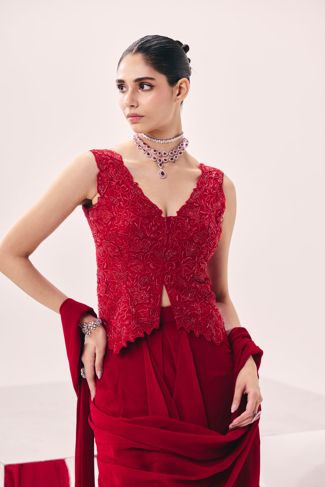 Vasudha Red Pre Drape Saree Set