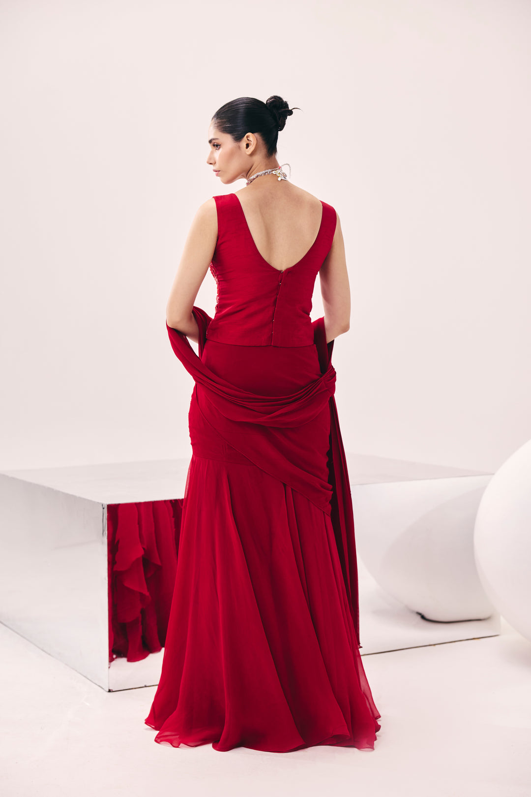 Vasudha Red Pre Drape Saree Set