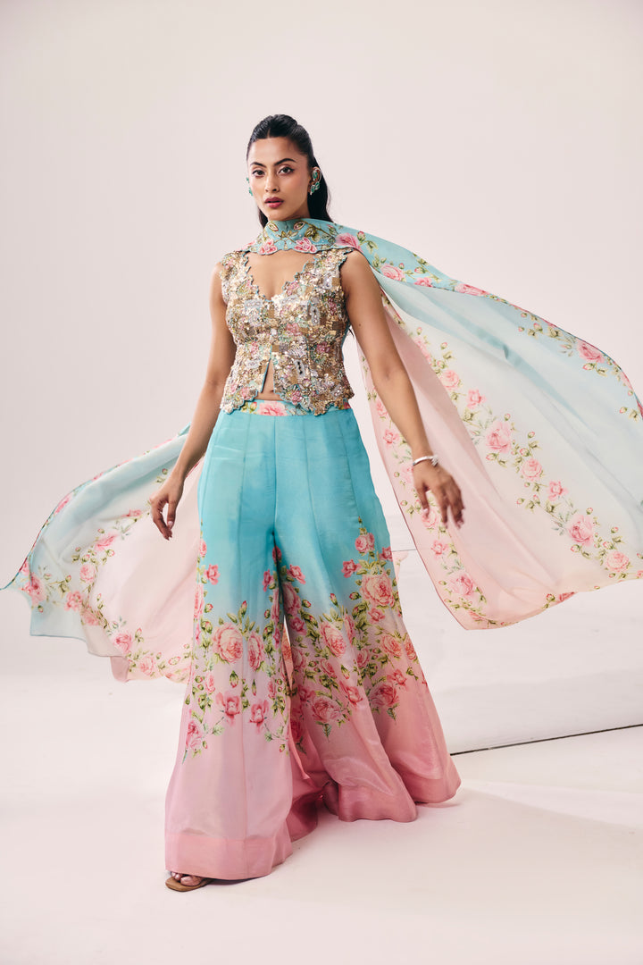 Meher Blue Pink Peplum Pant Set