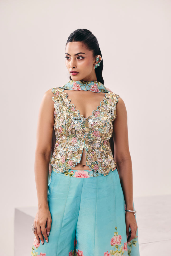 Meher Blue Pink Peplum Pant Set