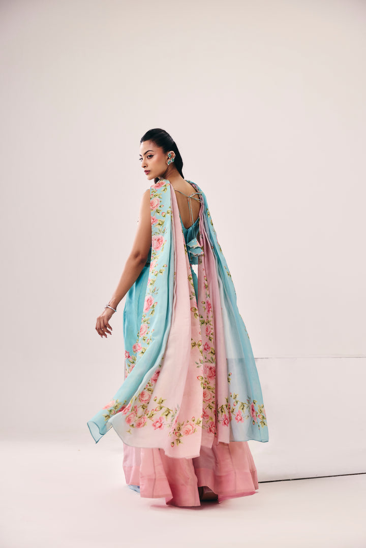 Meher Blue Pink Peplum Pant Set