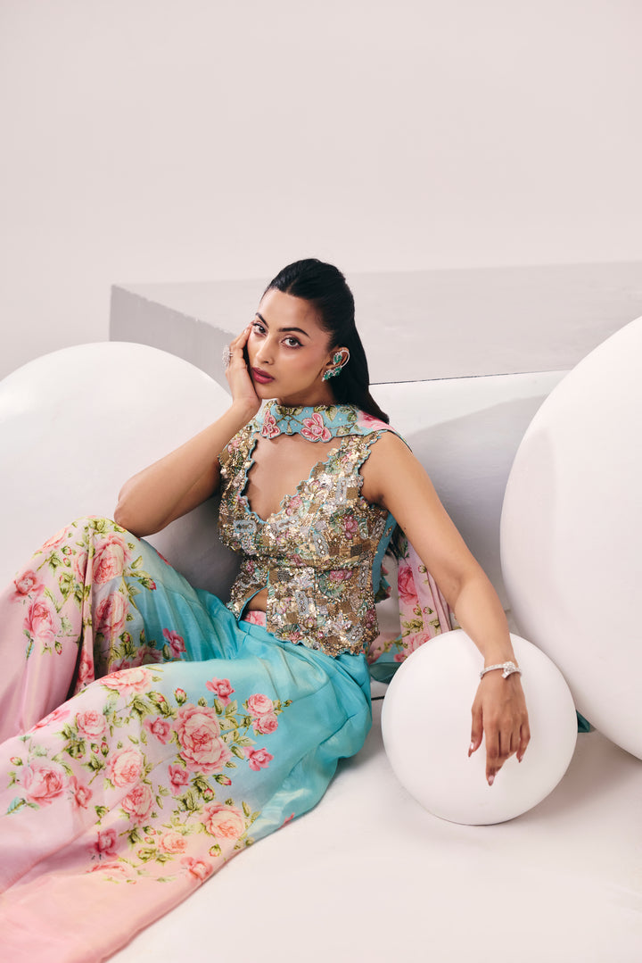 Meher Blue Pink Peplum Pant Set