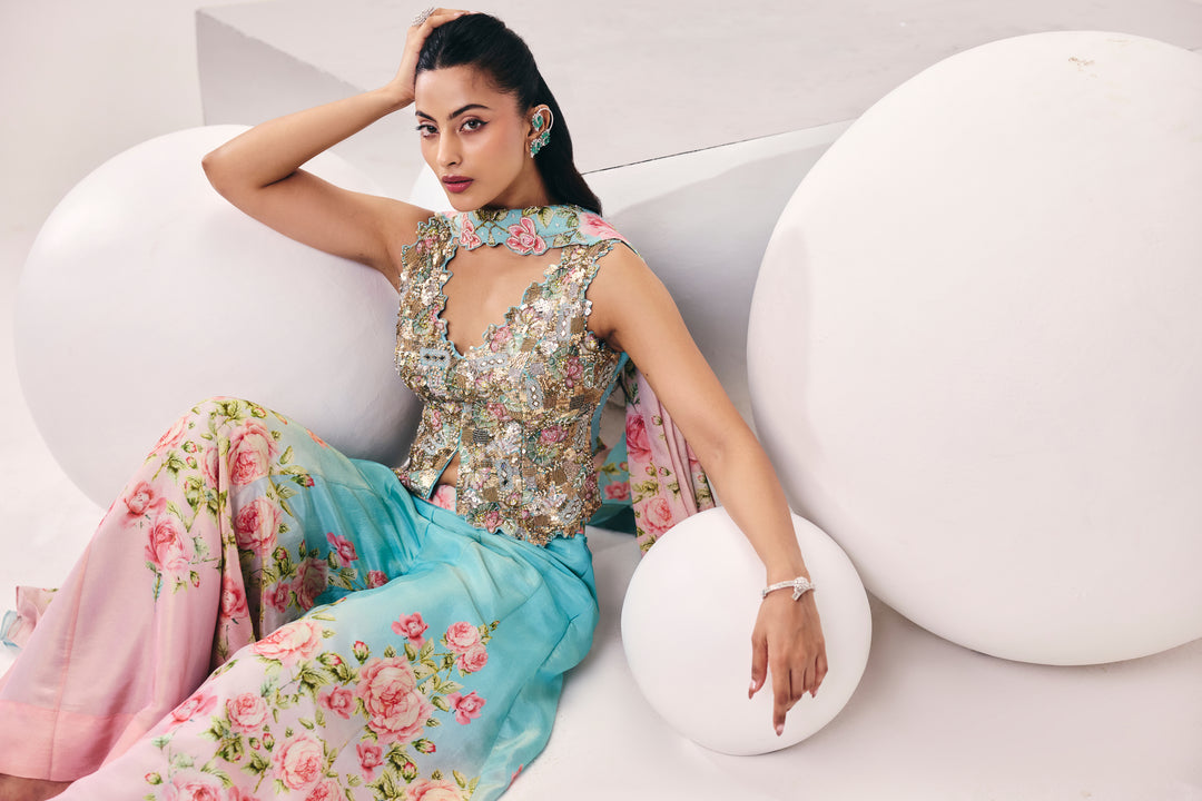 Meher Blue Pink Peplum Pant Set