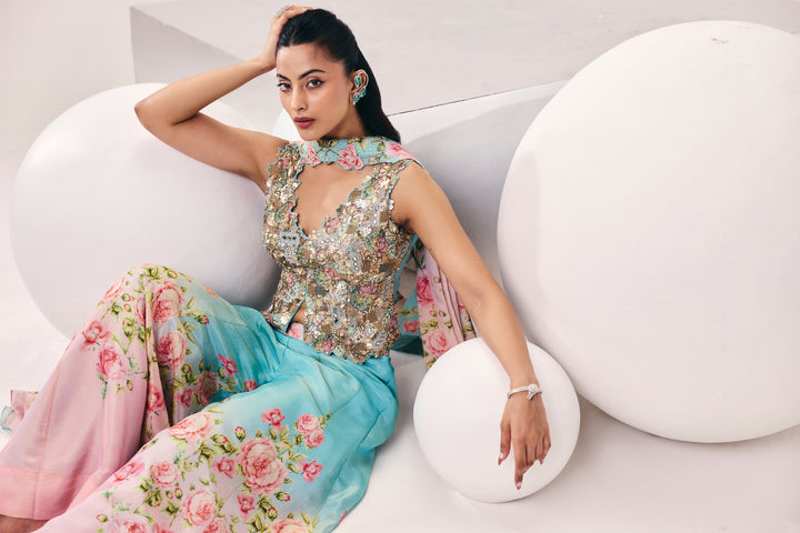 Meher Blue Pink Peplum Pant Set