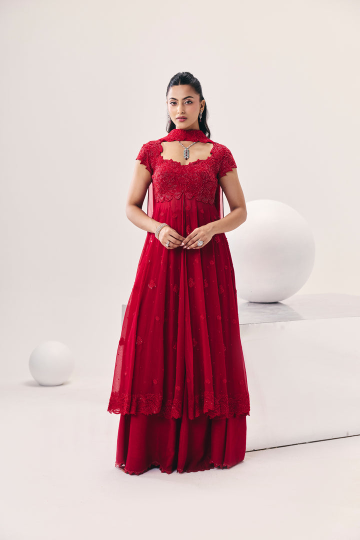 Vasudha Red Overlay Set
