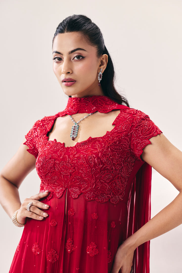 Vasudha Red Overlay Set