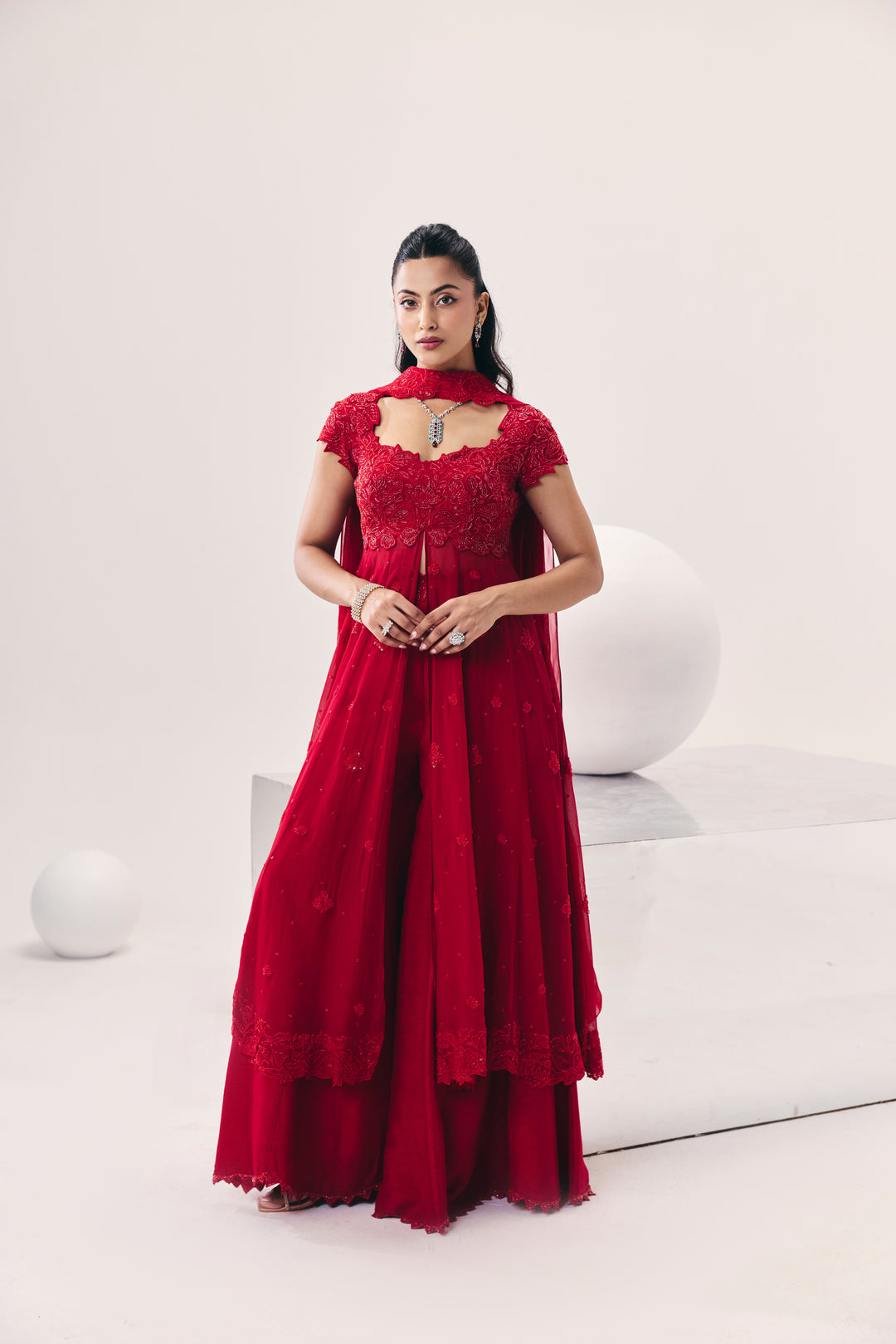 Vasudha Red Overlay Set