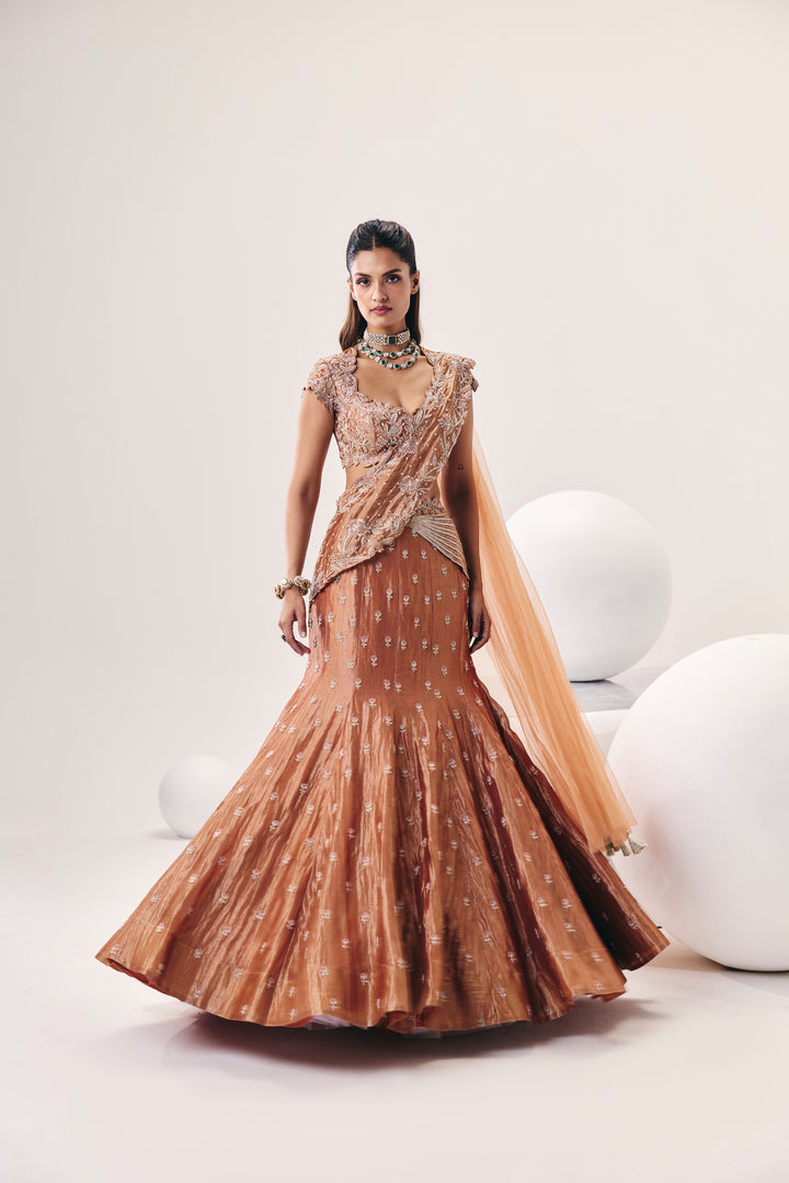Tarini Rose Gold Fish Cut Lehenga Set