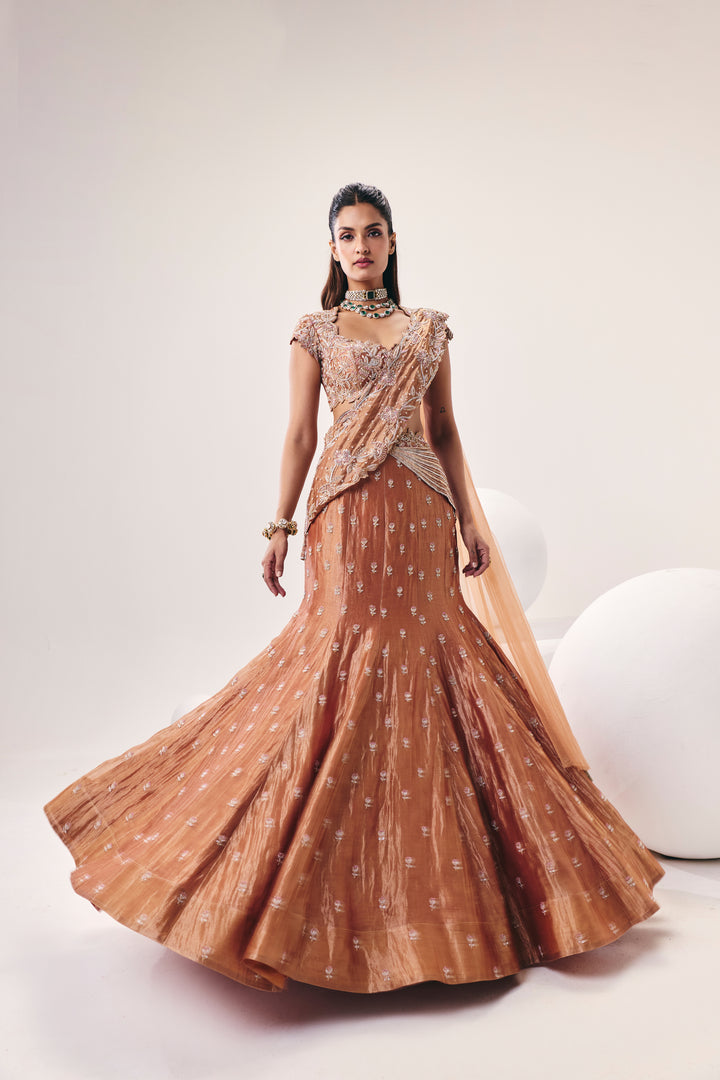 Tarini Rose Gold Fish Cut Lehenga Set