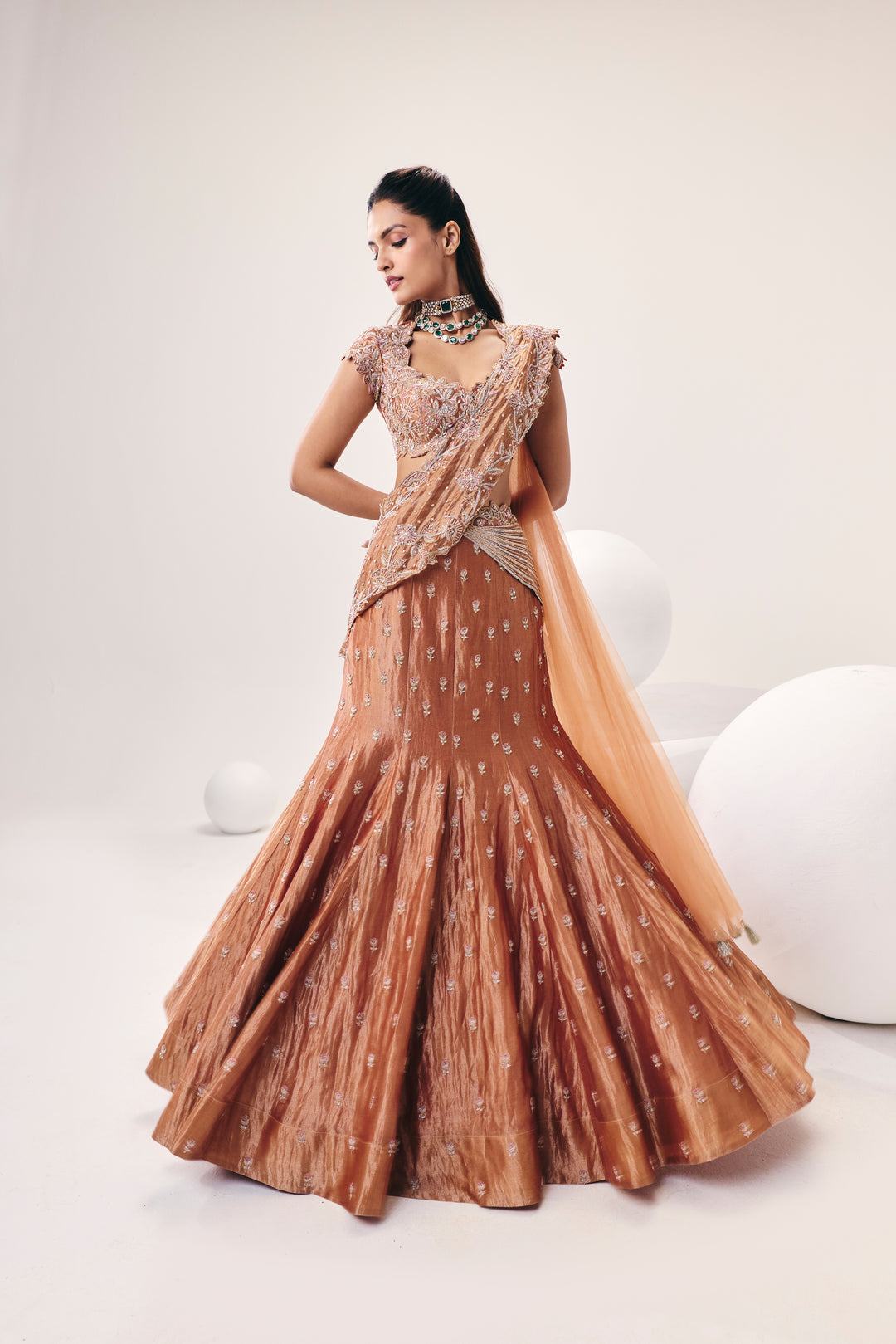 Tarini Rose Gold Fish Cut Lehenga Set