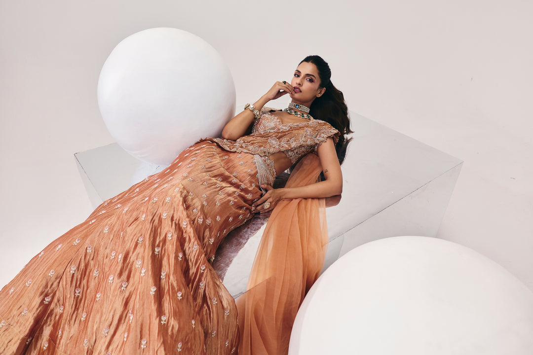 Tarini Rose Gold Fish Cut Lehenga Set