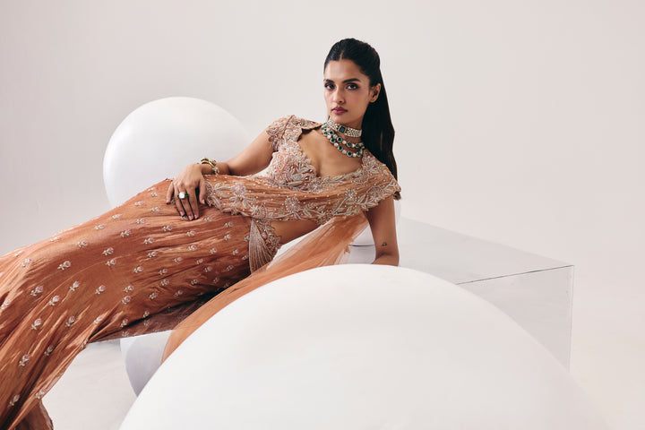 Tarini Rose Gold Fish Cut Lehenga Set
