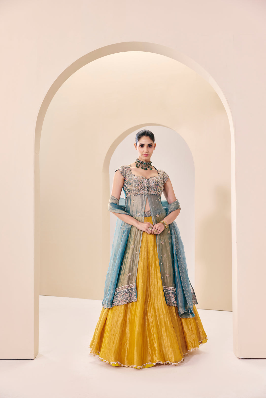Tarini Blue Yellow Over Lay Set