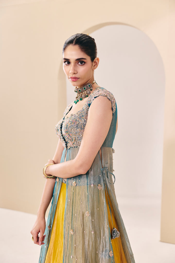 Tarini Blue Yellow Over Lay Set