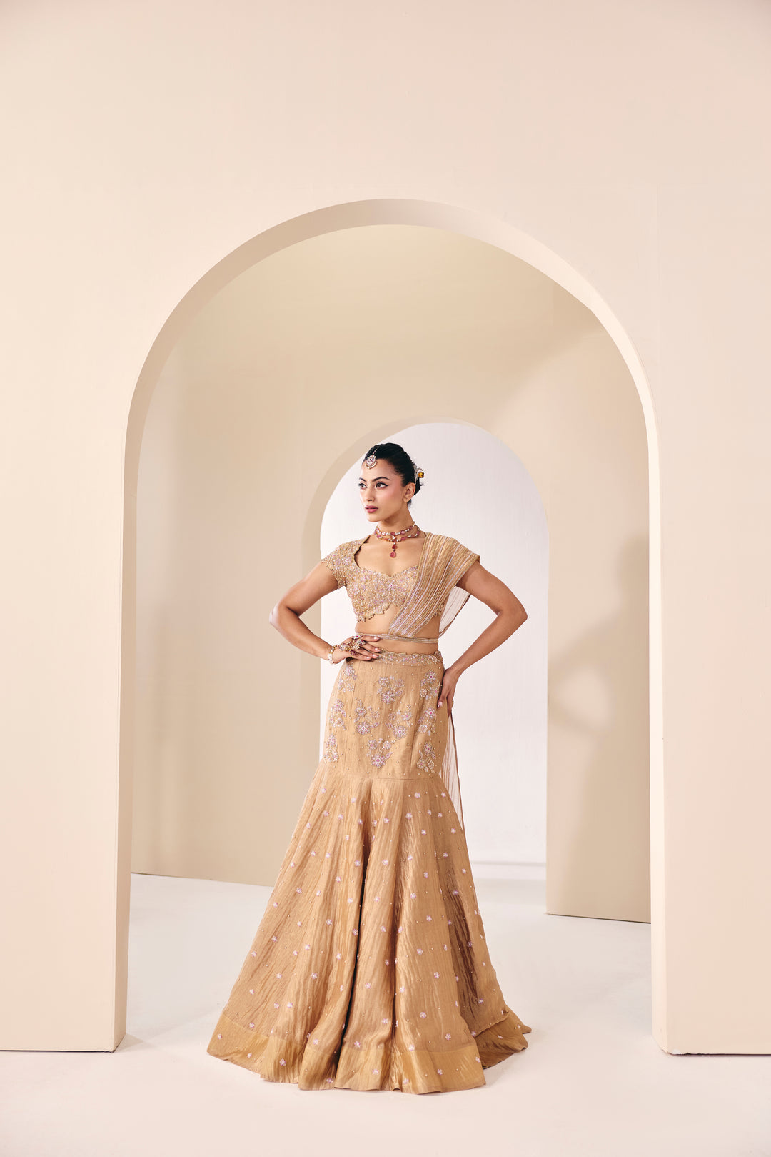 Tarini Champain Fish Cut Lehenga Set