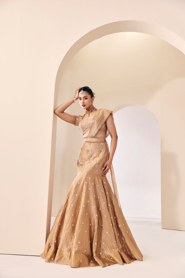 Tarini Champain Fish Cut Lehenga Set