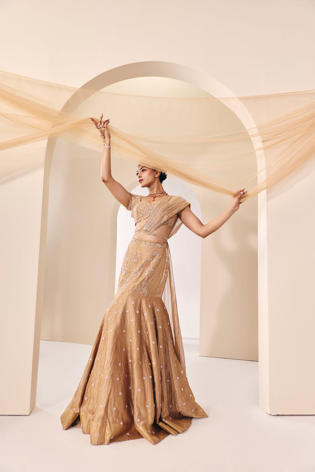 Tarini Champain Fish Cut Lehenga Set