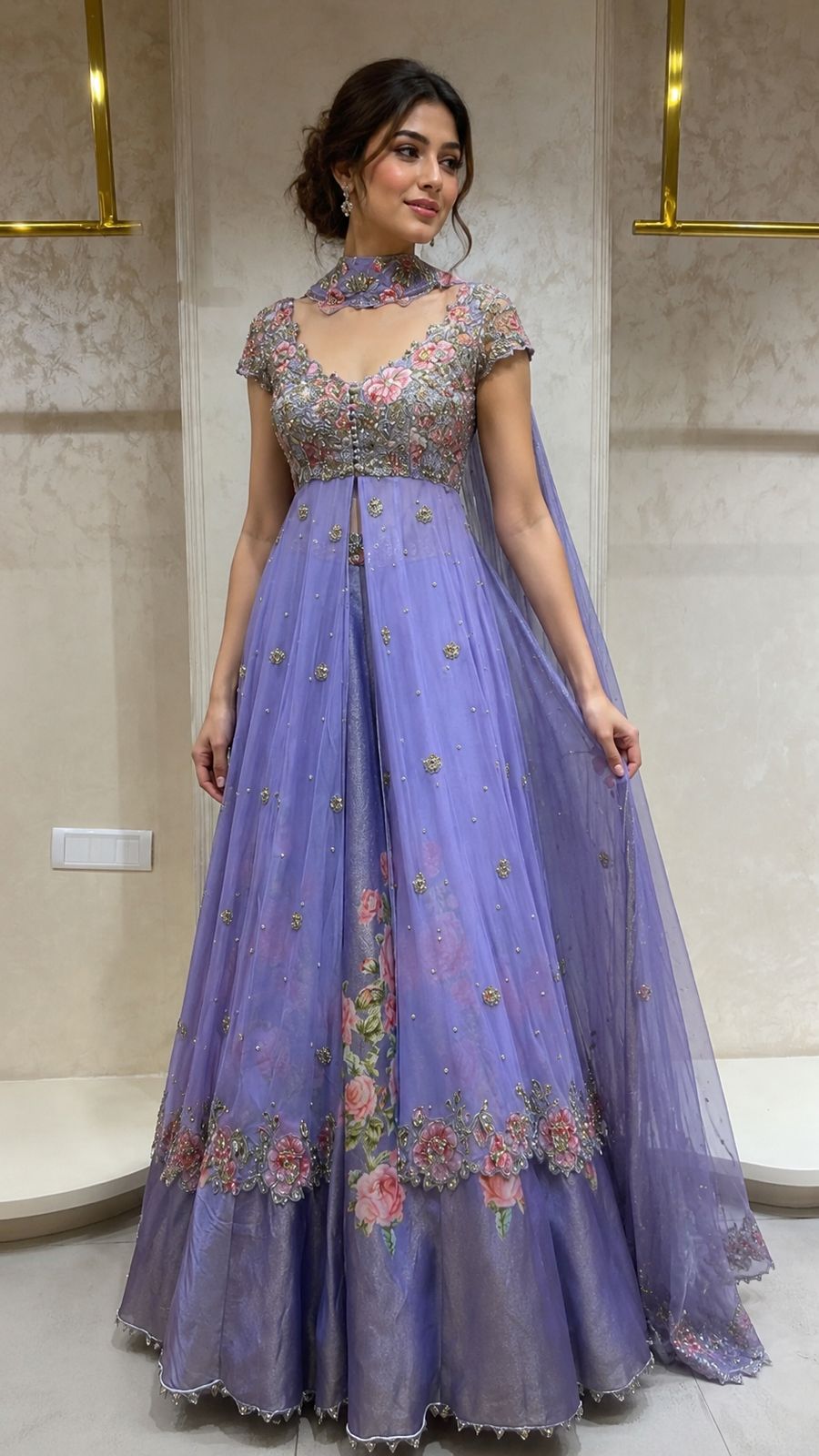 Lavender Peonies Overlay Lehanga Set